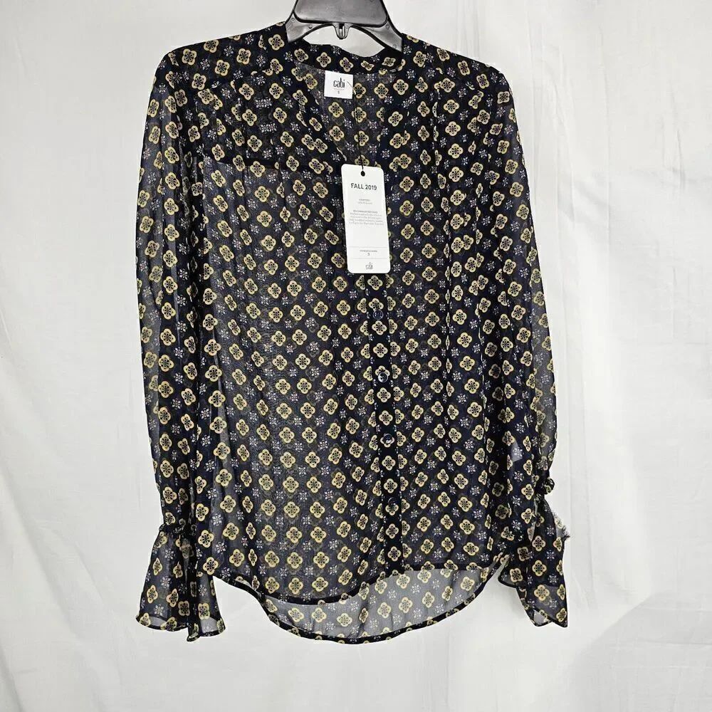 Cabi Mosaic Blouse Size S NWT Medallion Print Shear Long Sleeve FLAW